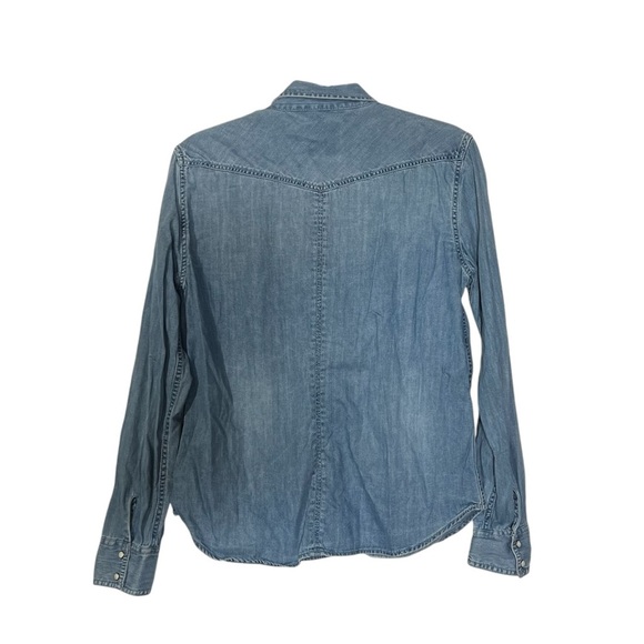 American Eagle Destroyed Denim Shirt Pearl Snaps Floral Lined Size Large - Picture 2 of 12